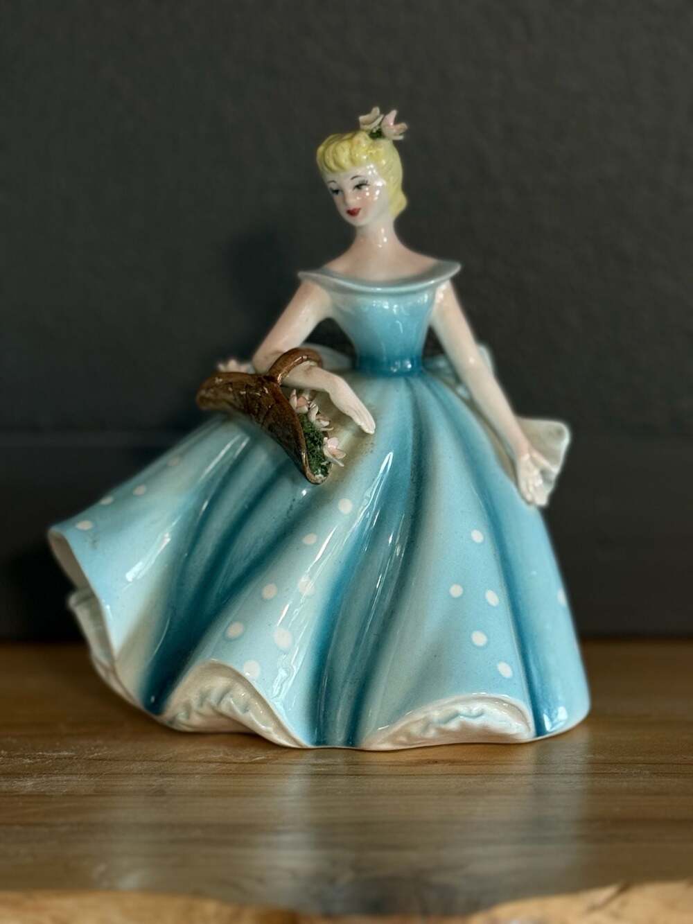 Lefton Dancer Lady Vase, Blue Dress with White Polka Dots